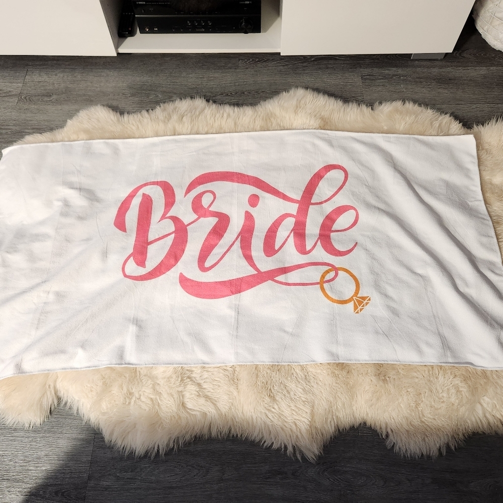 White Towel with Pink "Bride" Script and Gold Ring Accent